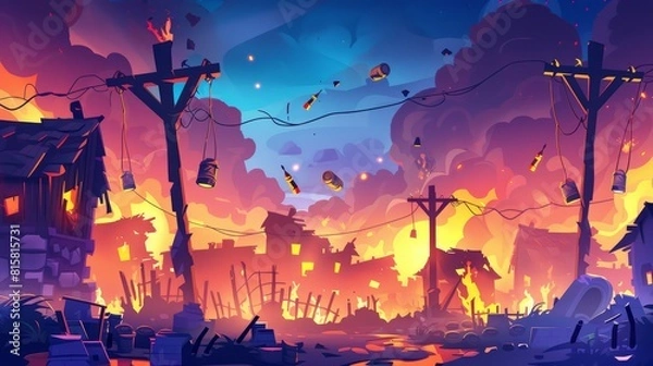 Fototapeta In the background, abandoned buildings with smoke and fire are burnt in a city destroyed by war. Soldier ammunition is displayed like a scarecrow on poles like a scarecrow. Cartoon modern