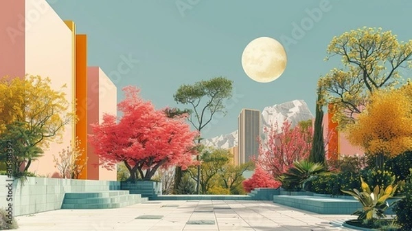 Fototapeta A digital illustration of a minimalist bridge architecture, with smooth lines and pastel sky at dusk