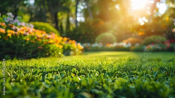 Fototapeta Beautiful garden with a lush green lawn and colorful flowers in the background. copy space for text.
