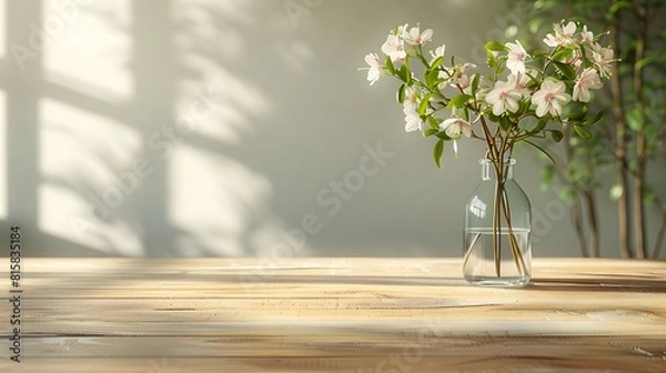 Fototapeta Empty wooden table with blurred background and flower vase for product display presentation, wood desk top mockup in an interior design concept.
