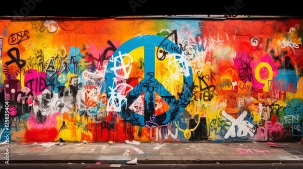 Fototapeta Bold Anti-War Statement: Symbol of Peace Amidst Graffiti Art. In the midst of a graffiti wall adorned with colorful blocks of paint, a striking anti-war symbol is painted prominently in the center. 