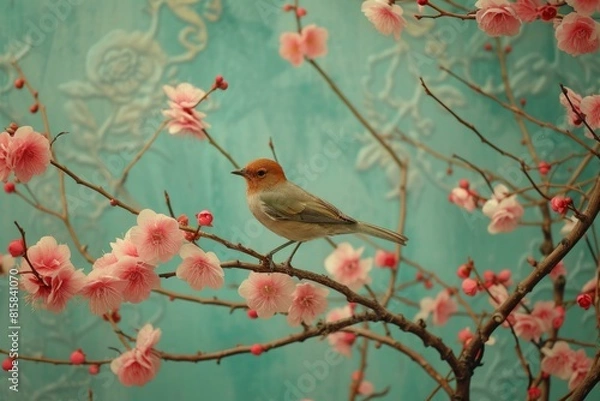 Fototapeta Vibrant Small bird on tree branch with flowers. Colorful bird sitting on twig with pink blossom. Generate ai