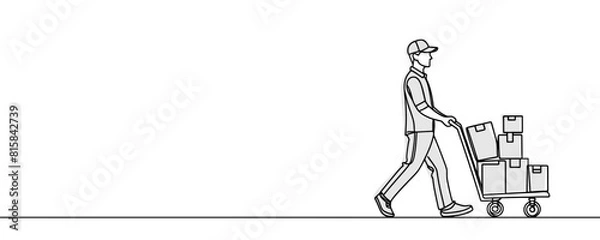 Fototapeta Single line drawing of a courier with a cardboard box with a trolley. Delivery service concept. Vector illustration of continuous line drawing.