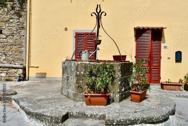 Obraz pozzo d'acqua all' interno del castello di Artimino.  (Firenze). con case e fiori