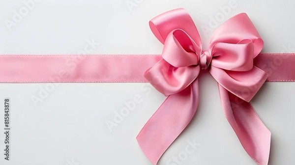 Fototapeta Pink ribbon bow on white background with copy space for text, gift decoration element, pink color satin ribbons in flat lay composition, isolated on blank background .
