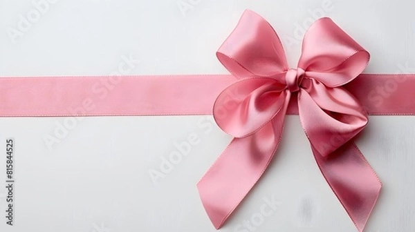 Fototapeta Pink ribbon bow on white background with copy space for text, gift decoration element, pink color satin ribbons in flat lay composition, isolated on blank background .
