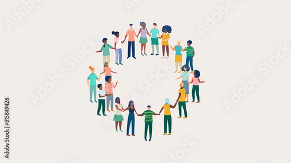 Fototapeta Illustration of a diverse group of employees forming a circle and holding hands, symbolizing unity and workplace inclusivity