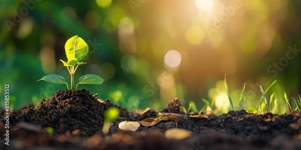 Fototapeta Young green plant sprouting from fertile soil bathed in warm sunlight, depicting new life and growth