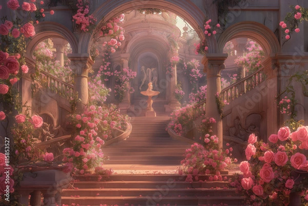 Fototapeta illustration fantasy background wallpaper of beautiful rose flower at ancient palace garden yard