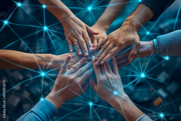 Obraz Teamwork and networking concept with hands stacked over a digital network