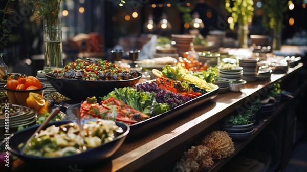 Fototapeta Catering: Delicious food and beverage display on the table.