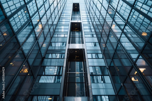 Obraz Charcoal grey luxury elevator amidst reflective windows of an urban skyscraper.