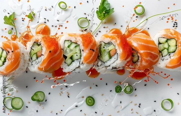 Obraz Sushi set surrounded with water and sauce.