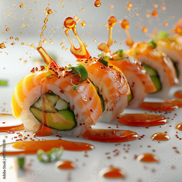 Obraz Sushi set surrounded with water and sauce.