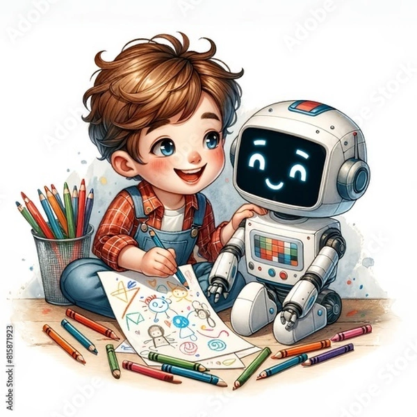 Fototapeta A watercolor cartoon drawing of young kid and robot drawing together, in concept of playtime with robot friend.