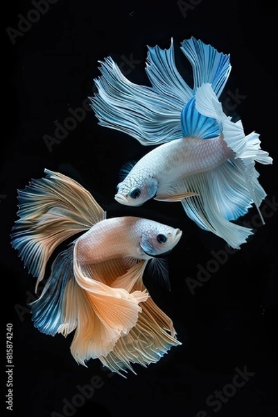 Fototapeta Painting like real The moving moment beautiful of two fish one is white and other is blue betta fish or dumbo betta splendens fighting fish on black background, 