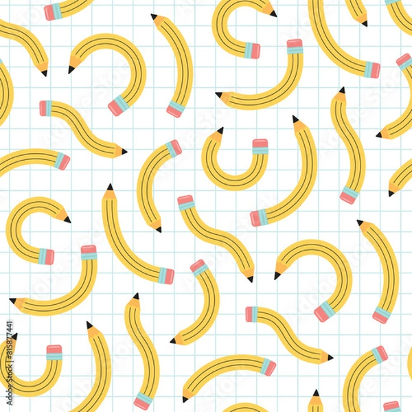 Obraz Set of yellow Pencils bending across graph paper. Back to school, teacher's day concept. Hand drawn Vector illustration. Square seamless pattern background wallpaper