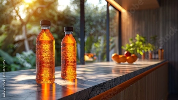 Fototapeta electrolyte drinks displayed on a modern counter, featuring a bold design for a revitalizing beverage concept that catches the eye