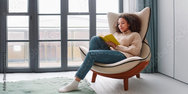 Obraz Young woman in casual clothes, reading a book in a comfortable armchair at home