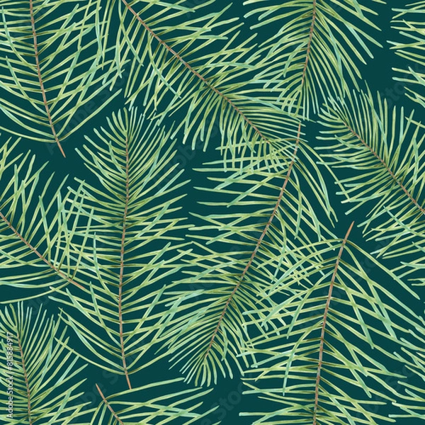 Fototapeta Seamless pattern of pine or fir branches. Illustration with watercolor and marker. Christmas wallpaper on blue background.Hand drawn art. Botanical decoration for New Year 2025 and Christmas