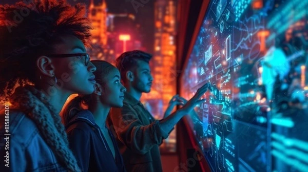 Fototapeta A Group Of Diverse Individuals Gathered Around A Large Glowing Holographic Display