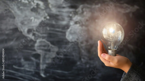 Fototapeta Businessman's hand holding a light bulb on a map background There is a network connection of innovative technology, inspiration, brainstorming, and creation of new innovations.
