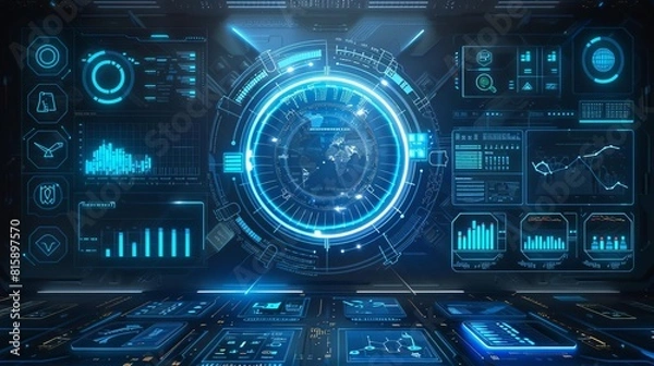 Obraz Futuristic blue holographic interface with data analytics