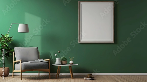 Fototapeta Green living room wall background with grey decorative chair lamp frame middle table and poster style : Generative AI