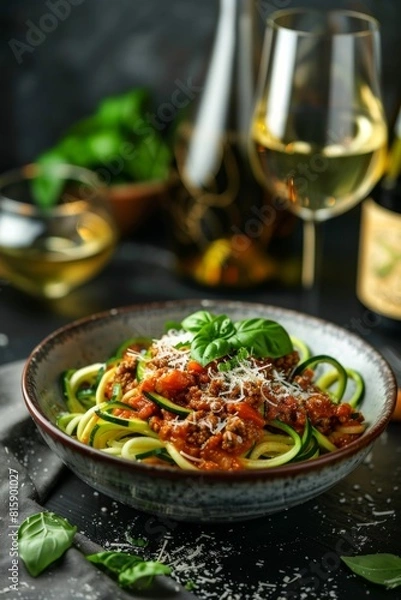 Fototapeta Elegant dish of zucchini noodles topped with a rich tomato sauce, ground meat, freshly grated Parmesan, and basil leaves, accompanied by a glass of white wine.