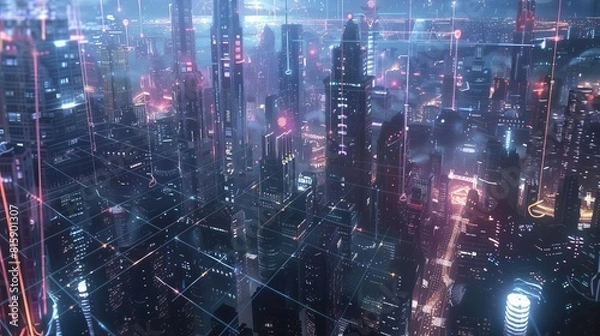 Fototapeta Holographic display of a network over a city