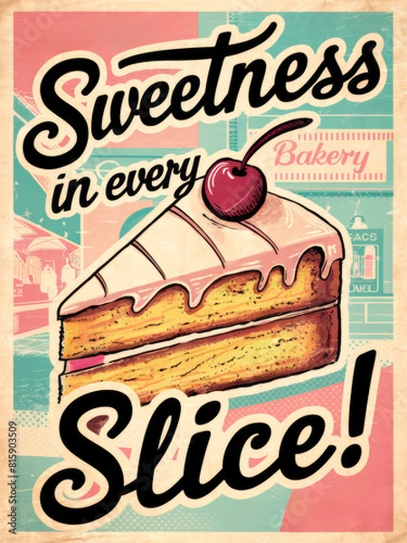 Fototapeta The image shows a vintage-style poster of a slice of cake with icing and a cherry on top. The text reads, "Sweetness in every Slice!" and "Bakery," evoking a nostalgic and appetizing bakery advertisem