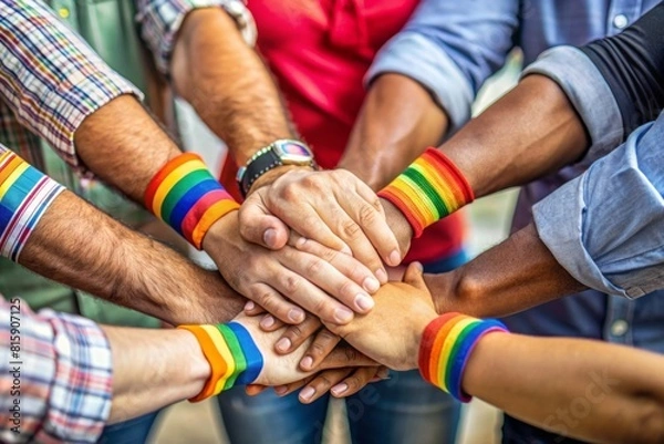 Obraz multiracial people putting hands together with LGBT rainbow flag wristbands. Diversity, pride, equality and unity concept