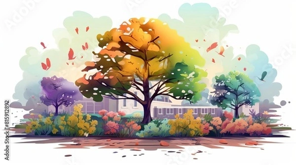 Obraz schoolyard tree planting flat design front view educational project theme water color vivid