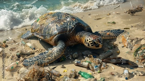 Fototapeta Sea Turtle on Beach Surrounded by Plastic Waste and Pollution
