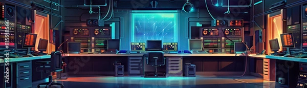 Fototapeta Film Production Studio Floor: Showing soundproof stages with elaborate sets, editing suites with high-end equipment, green rooms for actors, and a bustling production crew
