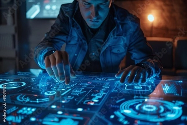 Fototapeta Tech professional working on a futuristic interface