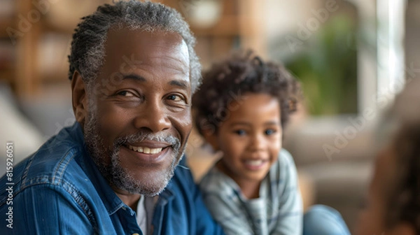Fototapeta A single grandparent raising grandchildren leading a discussion on aging and caregiving, highlighting diverse family configurations and intergenerational support
