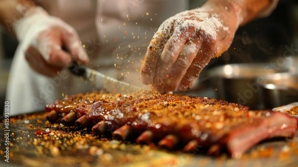 Fototapeta Chef seasoning tender pork spare ribs with a blend of spices, preparing for slow roasting to perfection.