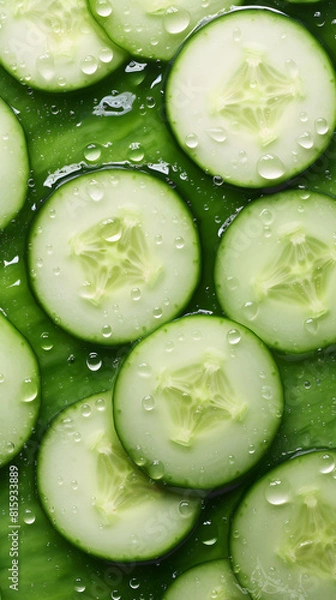 Fototapeta fresh cucumber adorned with glistening raindrops of water background poster 