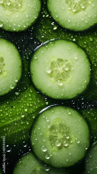 Fototapeta fresh cucumber adorned with glistening raindrops of water background poster 