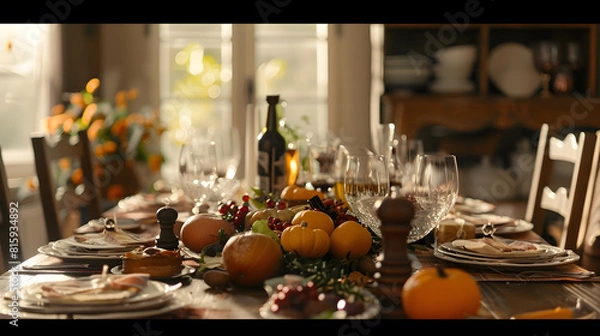 Fototapeta Dinner table decorated for cozy fall holiday gathering : Generative AI