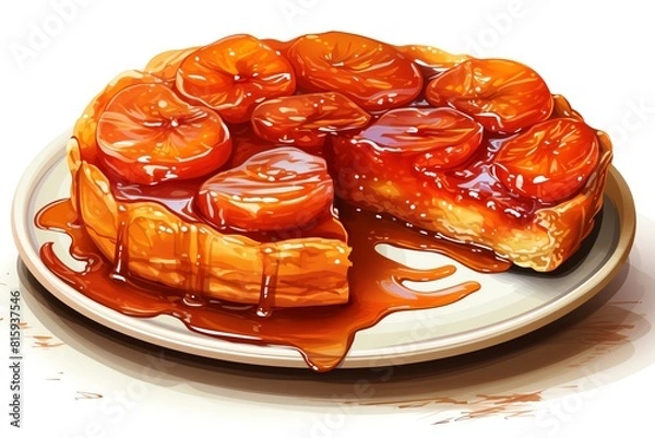 Fototapeta A beautiful illustration of a  tarte tatin. The golden crust is topped with caramelized apples and a rich, creamy custard filling. The tart is served on a white plate.