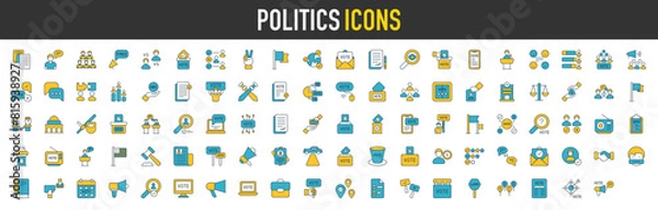 Obraz Politics icon set. Contains as Team, Decree, Vote, Absentism, Ballot, Campaign, Demographic, War, Patriotism, Election, Flags, Solution and Checking vector icons illustration.