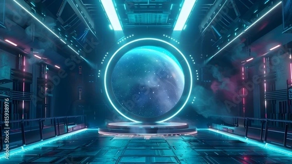 Fototapeta Futuristic 3D Podium with Glowing Aurora Borealis and Quasar Cosmic Backdrop for Immersive Scientific Product or Technology Showcase