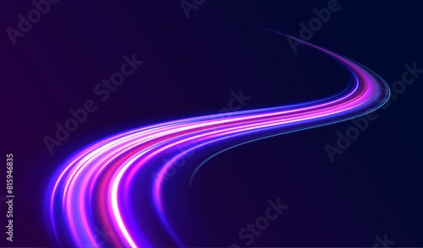 Fototapeta High speed effect motion blur night lights blue and red. Acceleration speed motion on night road. Laser beams luminous abstract sparkling. Purple glowing wave swirl, impulse cable lines.