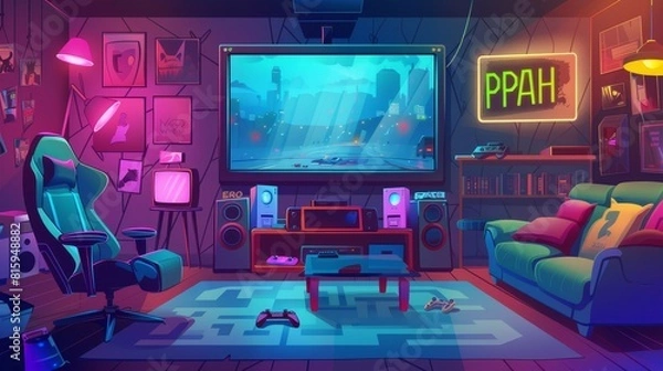 Fototapeta A cartoon illustration of a game room interior featuring a large TV screen, joysticks, a comfortable armchair, neon pause and play signs, and a comfortable armchair for gaming entertainment.