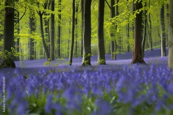 Fototapeta Mystical view of a forest carpeted with bluebell flowers in the soft morning light