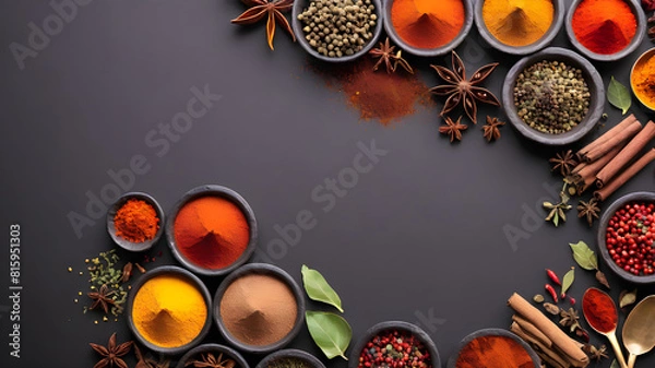 Fototapeta Various spices on wooden presentation in front of black background, chili pepper, cumin, mint, black pepper, Generative AI