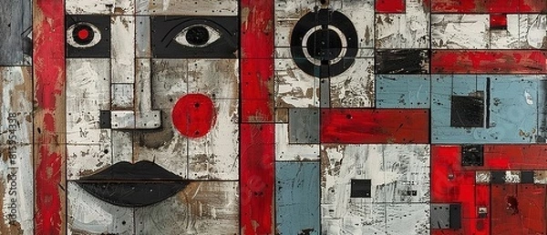 Fototapeta Mosaic of a painted old wooden door with red and blue eyes