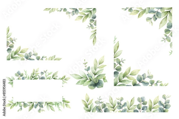 Fototapeta Eucalyptus leaves and greenery borders set.  Watercolor green leaves and branches. Clipart for invitations, greeting cards, save the date, stationery design. Hand drawn illustration.
